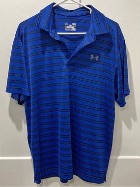 Under Armor LG Men’s Blue Striped Polo Button up tShirt
